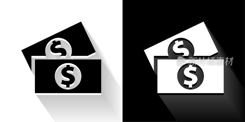 美元钞票黑色和白色图标与长影子