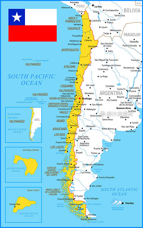 智利的地图。高详细的橙色矢量地图与边界和河流