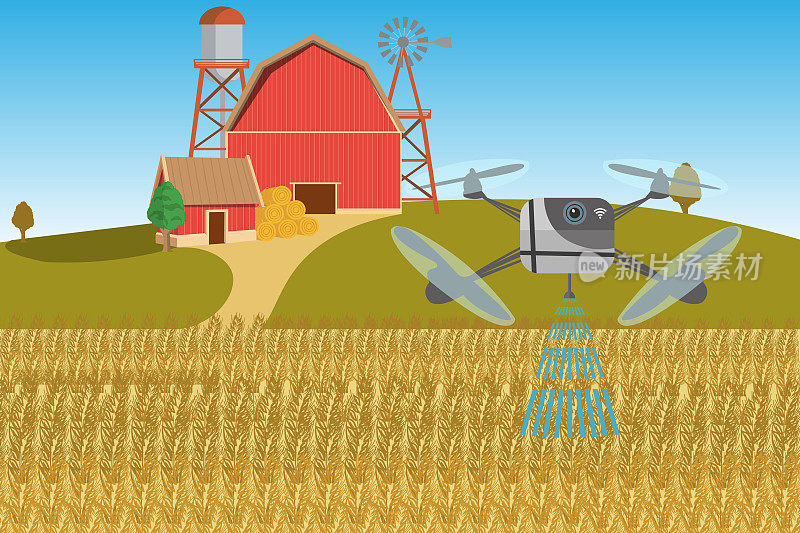 有无人机和喷雾器的现代智能农场。农业数字化转型和智慧农业。矢量图