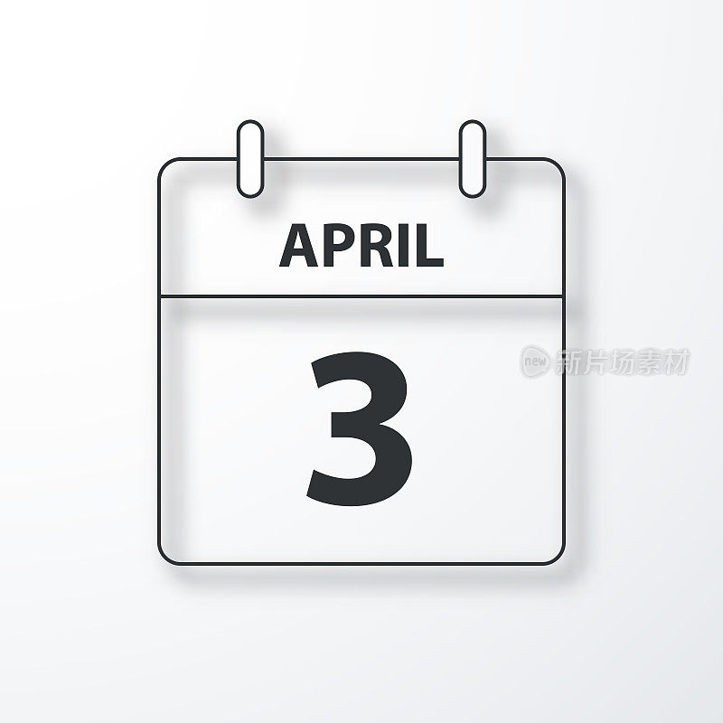 4月3日-每日日历-黑色轮廓与阴影在白色的背景