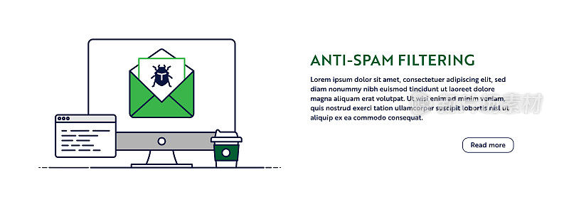 反垃圾邮件过滤概念与线计算机插图。最小设计的网站横幅,海报,传单和宣传册模板与可编辑的笔划。