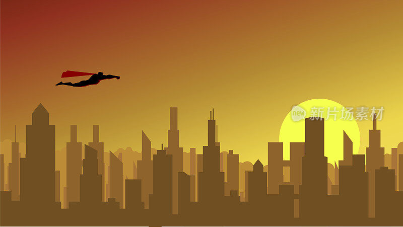 向量超级英雄飞行城市天际线背景剪影插图