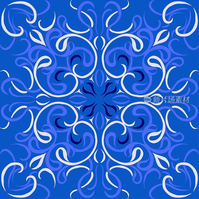 矢量瓷砖图案，里斯本阿拉伯花卉马赛克，地中海海军蓝装饰。