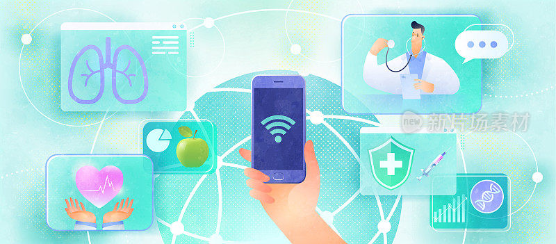 在线医疗咨询设计理念。用户视频呼叫医生和连接医疗服务通过智能手机，全球网络，和wi-fi。医疗保健和技术矢量插图。