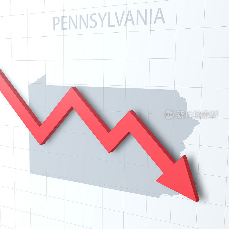 以宾夕法尼亚州地图为背景的红色箭头落下
