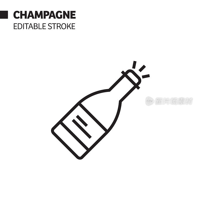香槟线图标，轮廓矢量符号插图。完美像素，可编辑的描边。