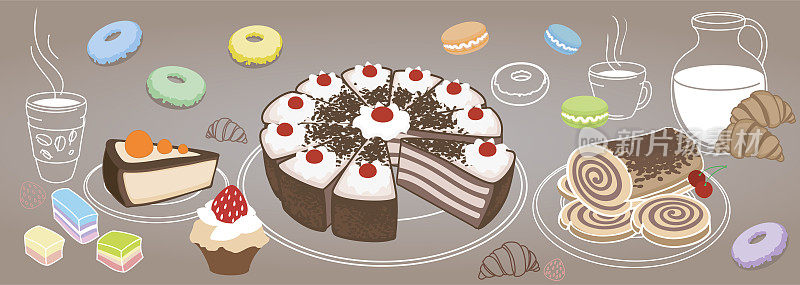 水平的一套甜点和糕点，象征着一个咖啡馆