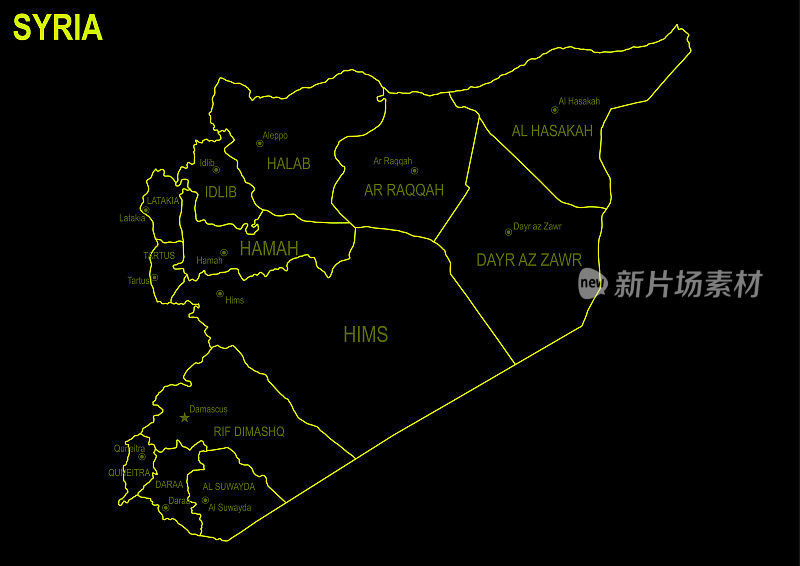 黑色背景下的叙利亚霓虹地图