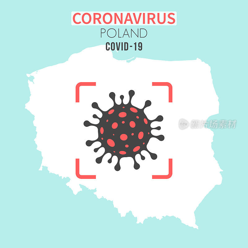 波兰地图，红色取景器中有冠状病毒(COVID-19)细胞