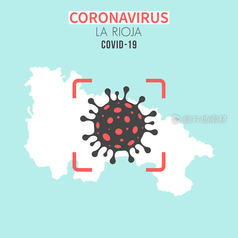 红色取景器上有冠状病毒(COVID-19)细胞的拉里奥哈地图