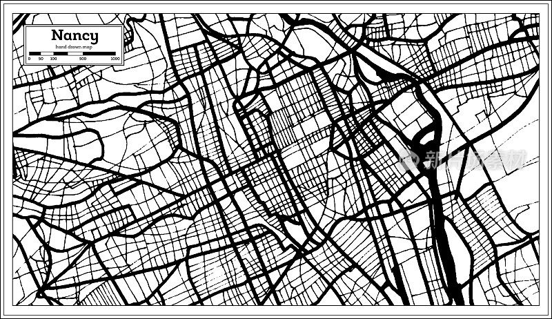 南希法国城市地图在黑白颜色在复古风格。略图。