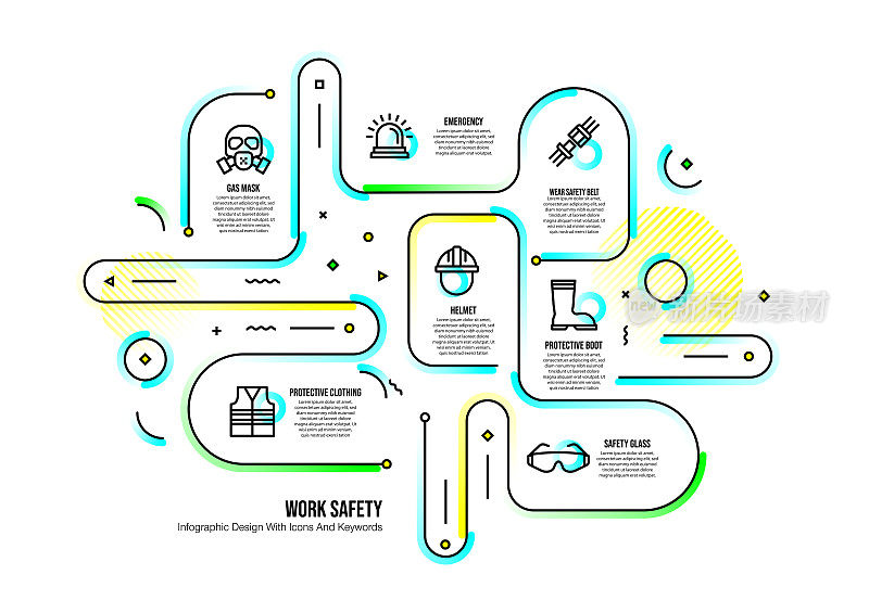 信息图设计模板与工作安全的关键字和图标