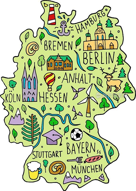 彩色手绘涂鸦德国地图。德国城市的名字，字母和卡通地标，
