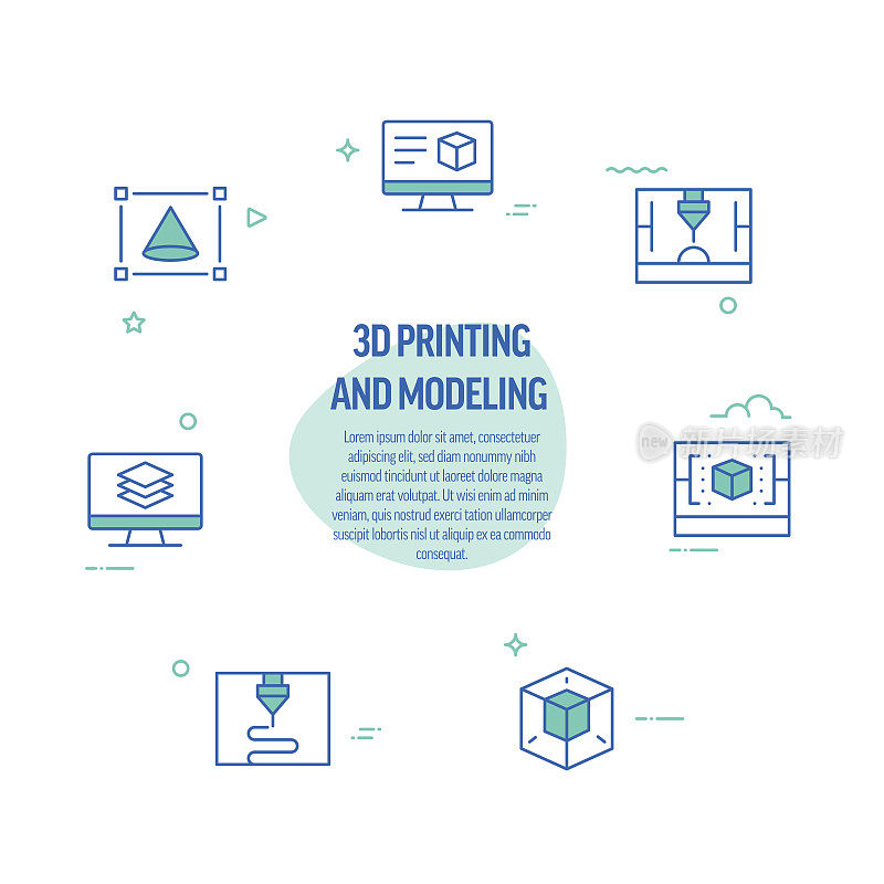 3D打印技术相关的线条图标。现代线条风格设计元素。