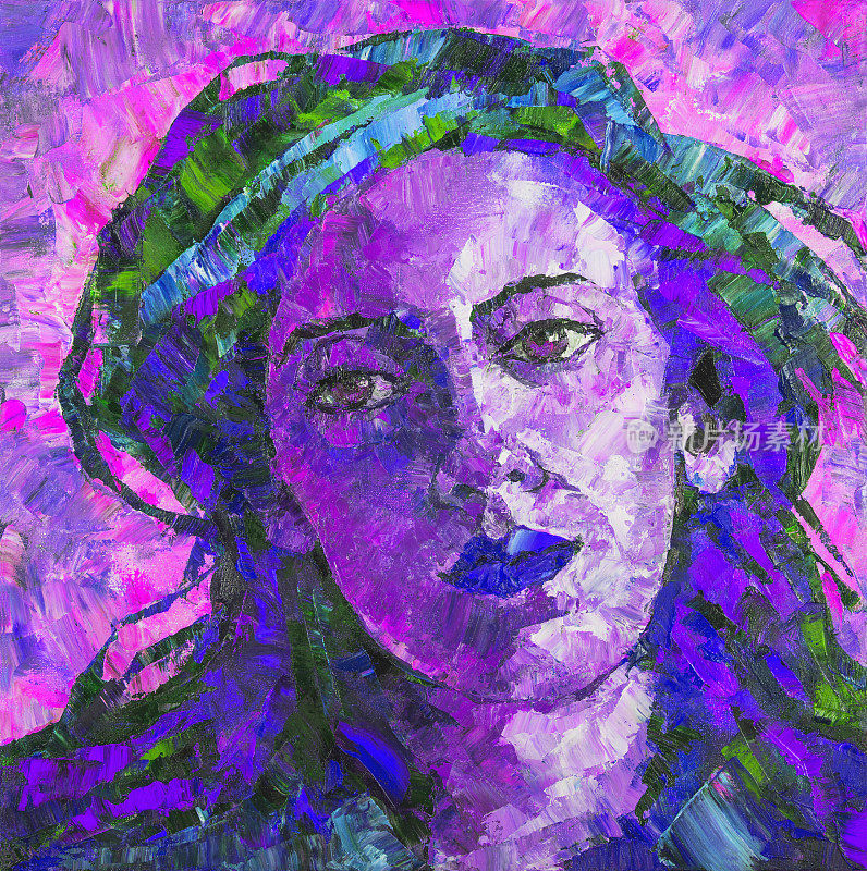 插图油画女人的肖像与棕色眼睛和深浅的彩虹染头发在一个风景如画的抽象背景在粉红色和蓝色