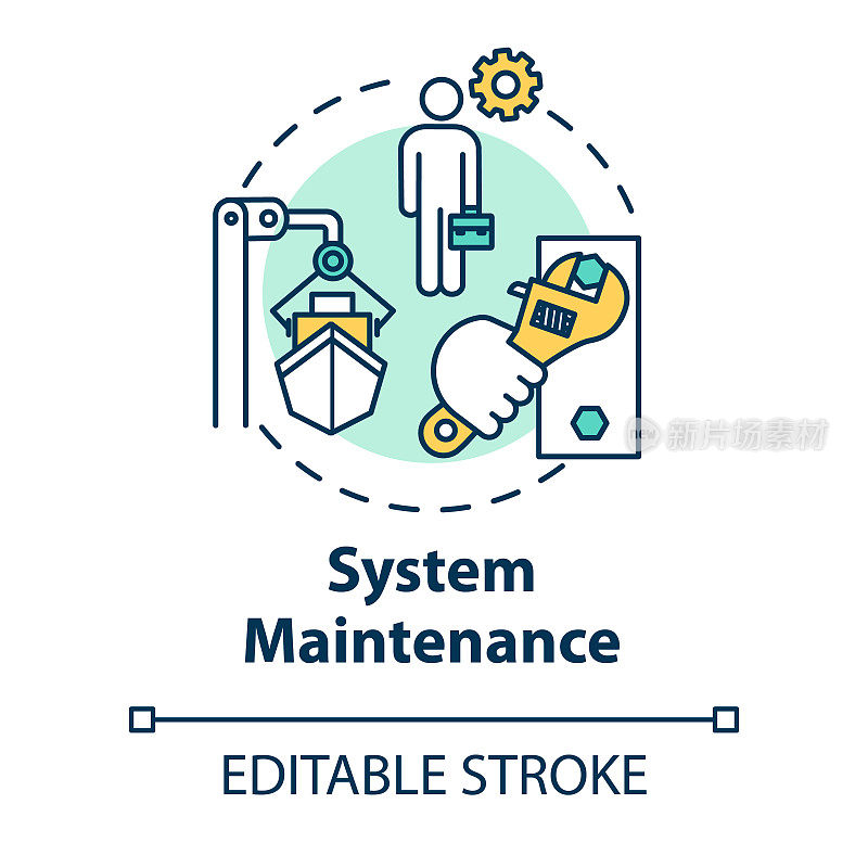 系统维护概念图标。造船工人。干船坞里的船。船维修工程师。船的想法细线插图。矢量隔离轮廓RGB彩色绘图。可编辑的中风
