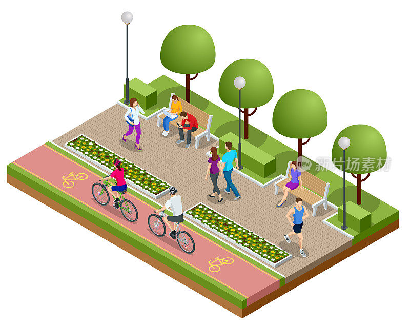 等距的人们在公园里放松和散步。人们在自行车道上骑自行车。积极健康的放松。