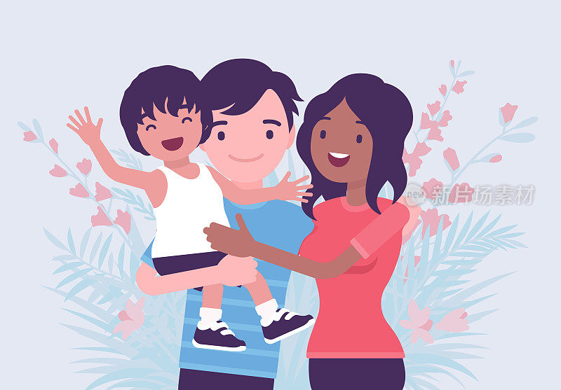 多元文化的幸福家庭，父母，不同种族、文化的小孩