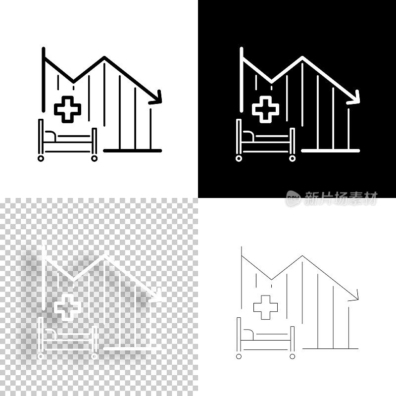 医院病床容量下降图表。图标设计。空白，白色和黑色背景-线图标