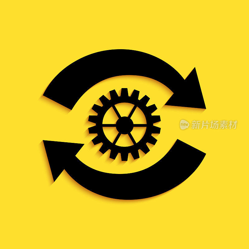 黑色齿轮和箭头作为工作流概念图标孤立在黄色背景上。齿轮重载的迹象。长长的阴影风格。向量