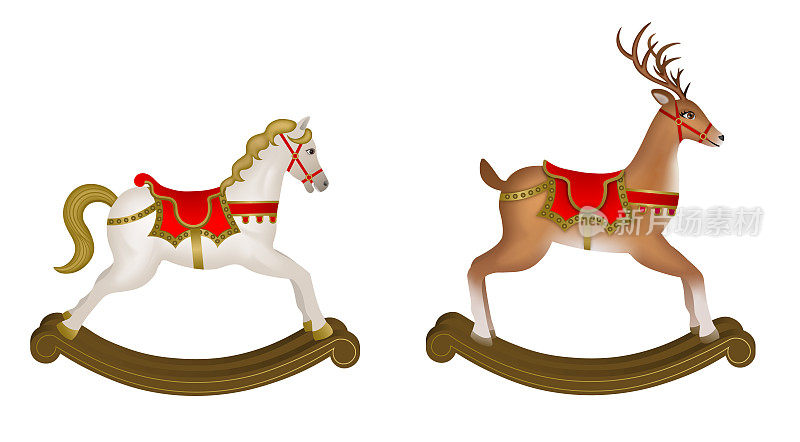 圣诞玩具。孤立的摇摆马和摇摆驯鹿插图