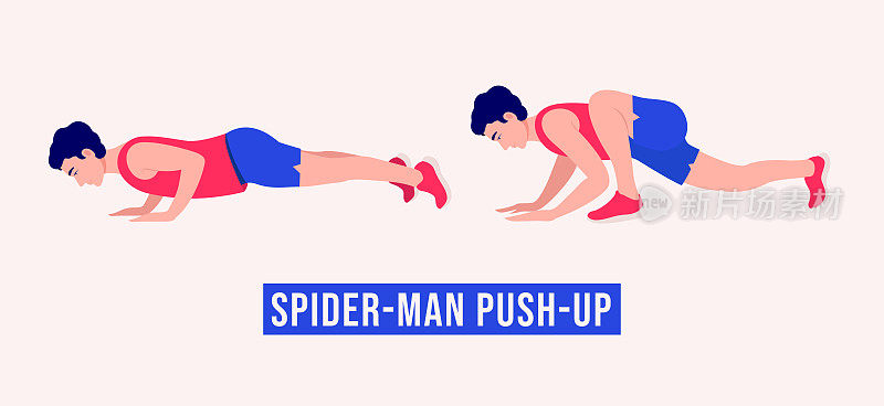 蜘蛛侠俯卧撑运动，男人健身，有氧运动。矢量插图。