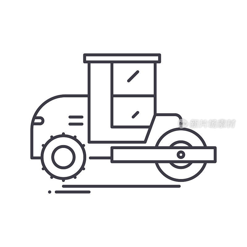 气动轮胎滚轮图标，线性孤立插图，细线矢量，网页设计标志，轮廓概念符号与可编辑的白色背景上的描边。