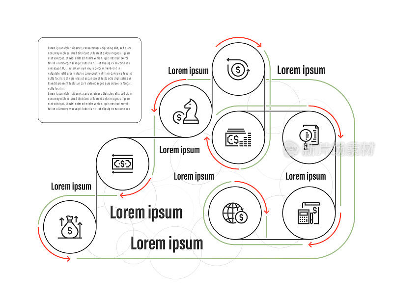 信息图表设计模板。利润，钱回来，战略，投资回报，现金，分析，全球业务，财务计划图标8个选项或步骤。