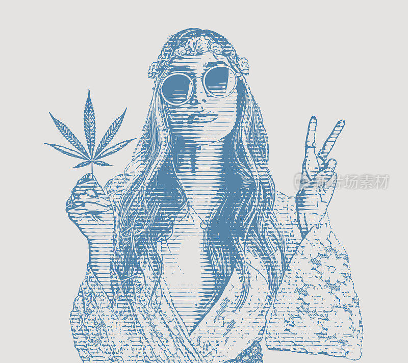 成年嬉皮女人拿着大麻叶子