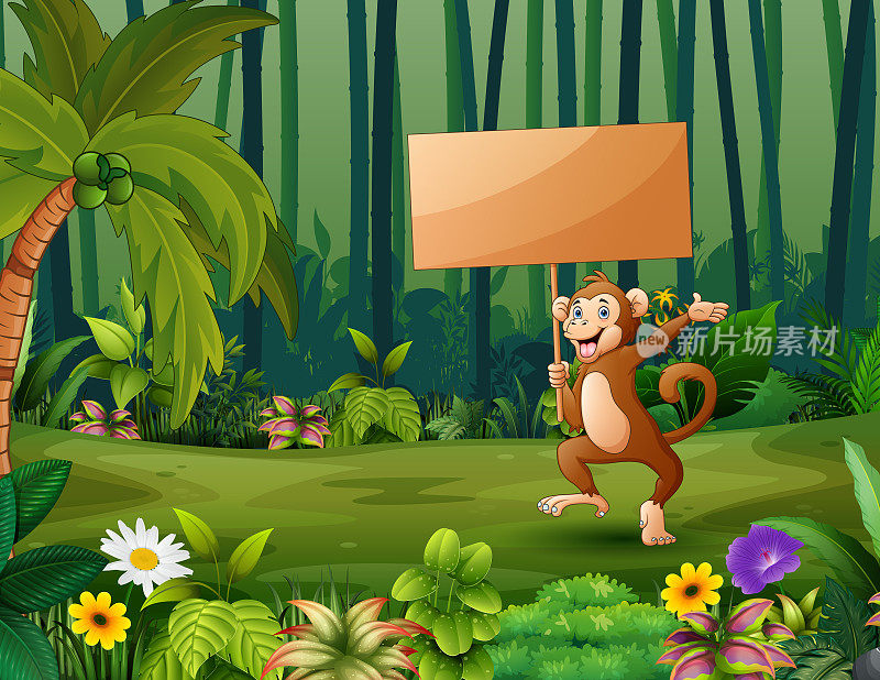 卡通里一只猴子在森林里举着木牌子