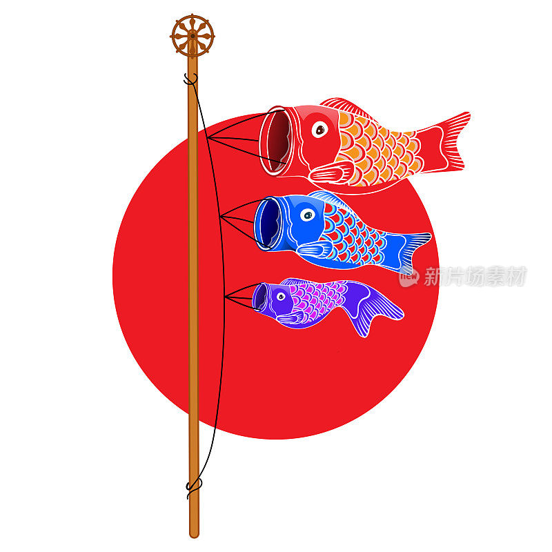 日本Koinobori矢量插图，舞动鲤鱼streamers为儿童节，侧视图，日本，红色圆圈。