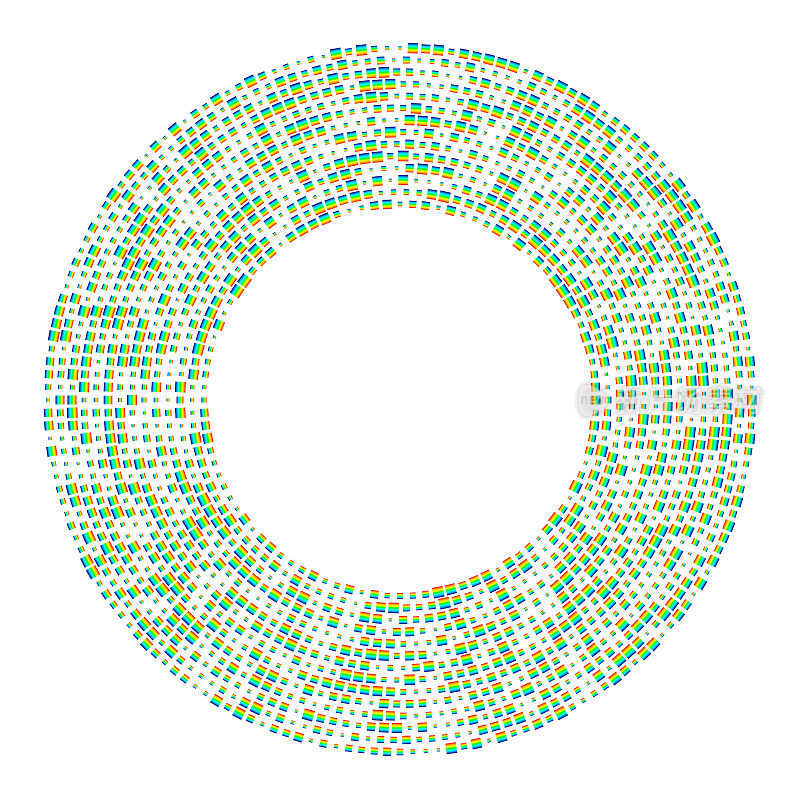 沿同心圆切线的均匀间隔的彩虹色正方形