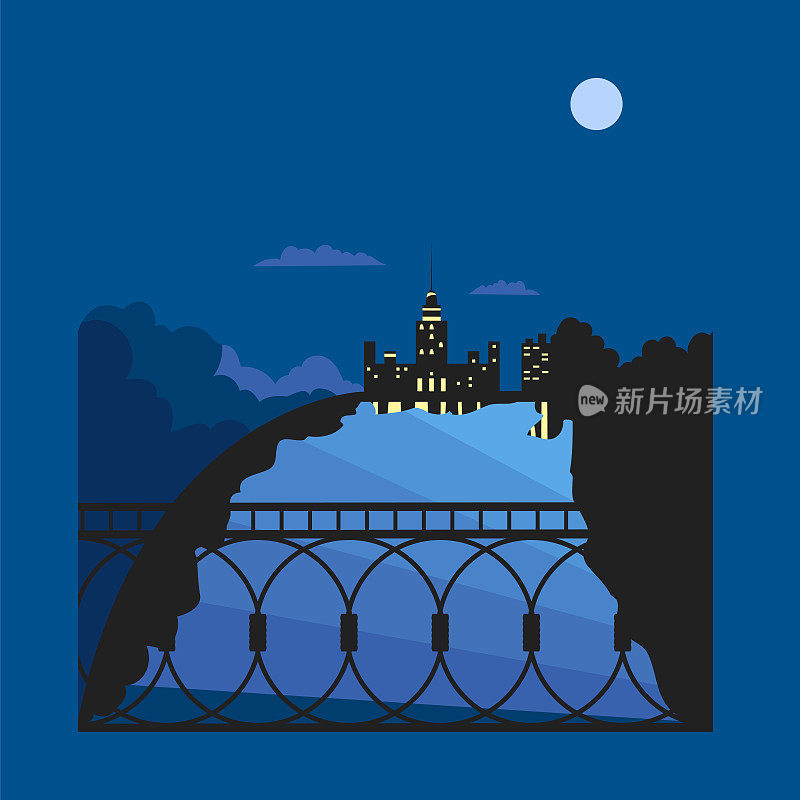 夜晚的城市。从桥上看这条河。一个城市在月光下的夜晚的矢量图像