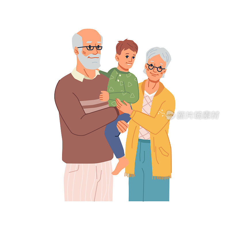 幸福的家庭，祖父母和孙子共度时光。奶奶和爷爷老人们照顾着小男孩和抱着小男孩。儿童和父母。扁平卡通人物，矢量