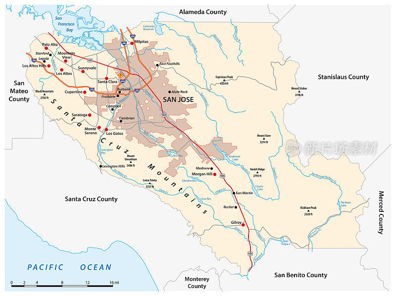 美国加州圣克拉拉县矢量道路图