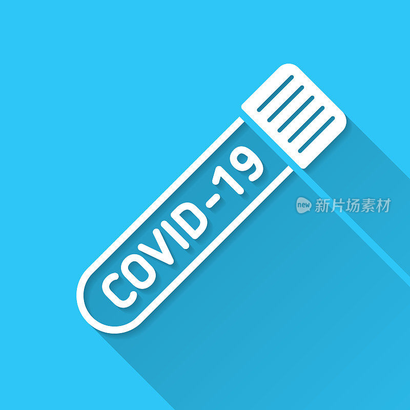 冠状病毒COVID-19试管。蓝色背景上的图标-长阴影平面设计