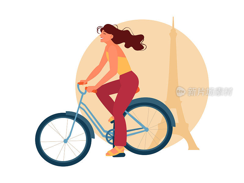 一个长发飘舞的可爱女孩骑着自行车经过埃菲尔铁塔