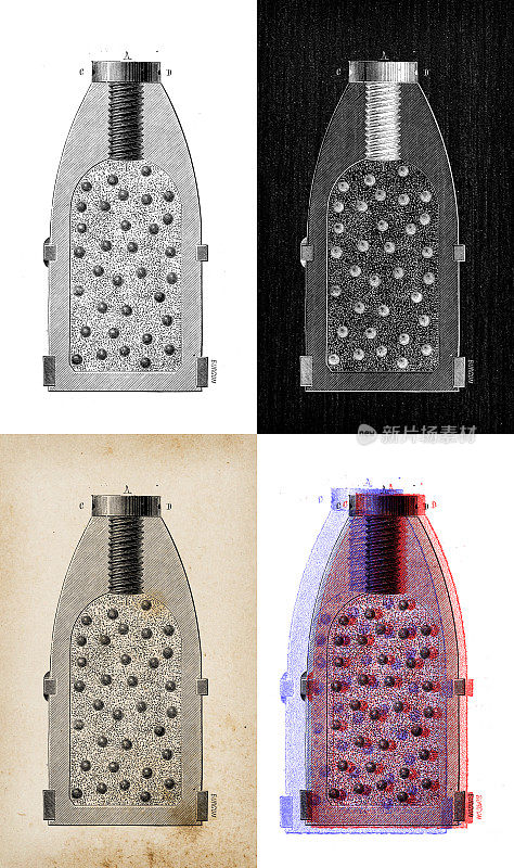 科学发现的古董插图:战争武器和爆炸物