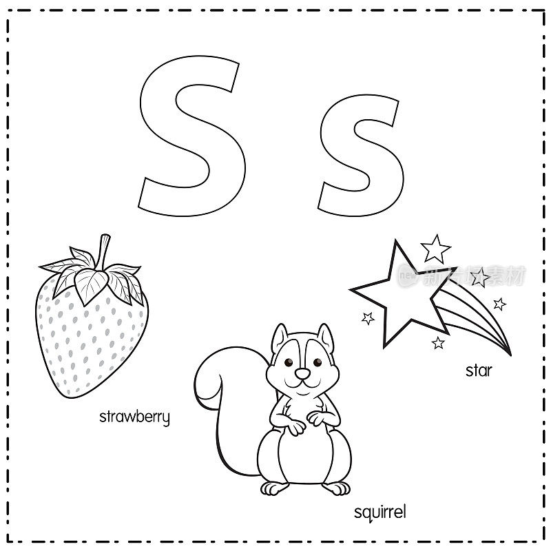 向量插图学习字母S的小写和大写的儿童与3卡通图像。草莓松鼠明星。