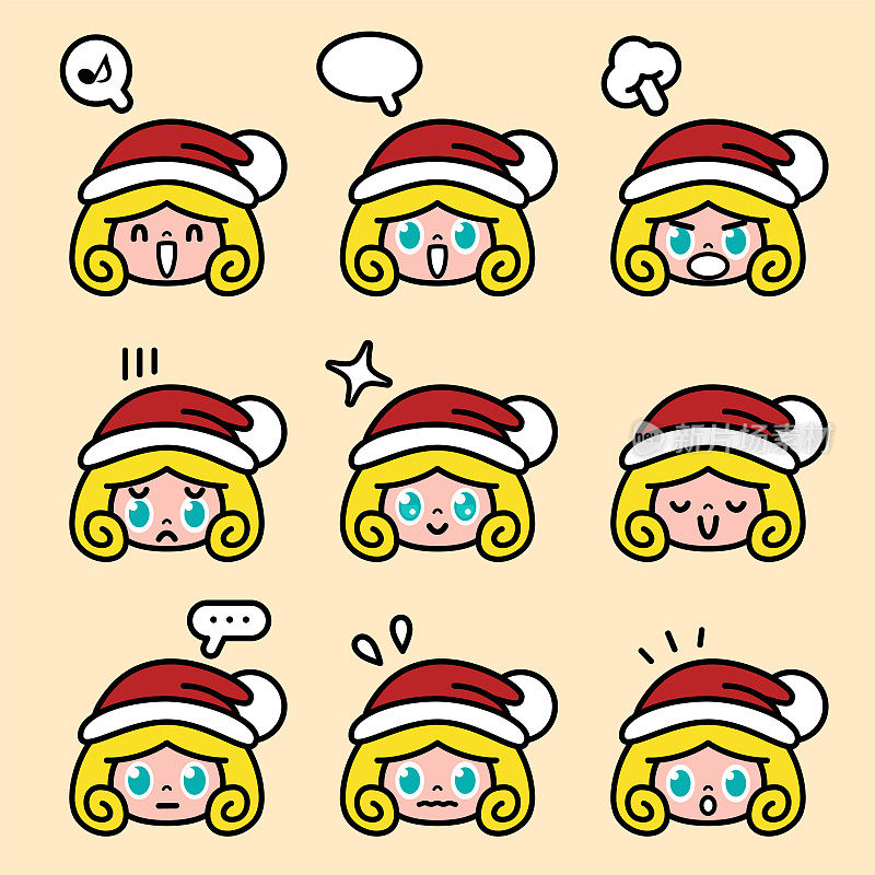 圣诞图标集的一个可爱的女孩戴着圣诞老人的帽子，有9个面部表情的颜色柔和色调
