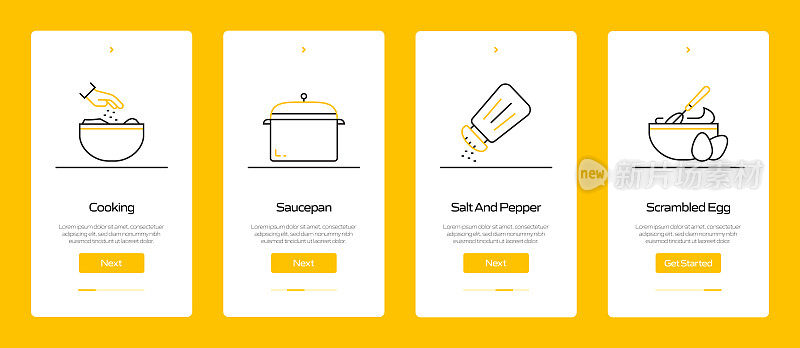 在移动应用页面上使用扁平图标的烹饪概念。用户体验，UI设计模板矢量插图