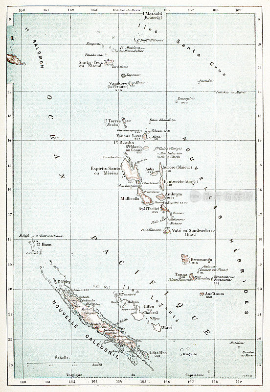 新喀里多尼亚和新赫布里底群岛的法国古董地图