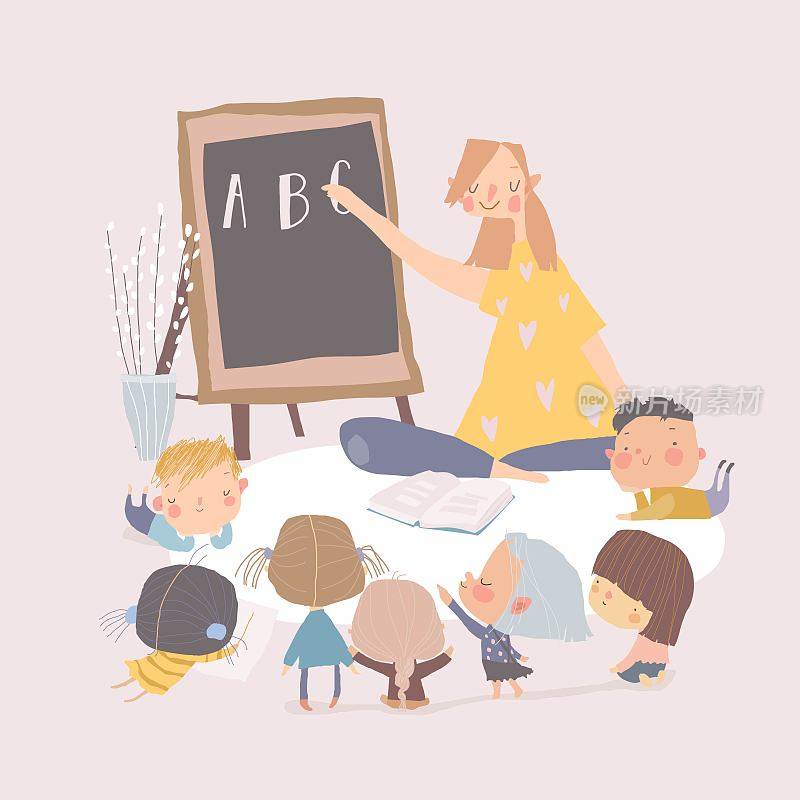 卡通可爱的老师和有趣的学龄前儿童在教室里