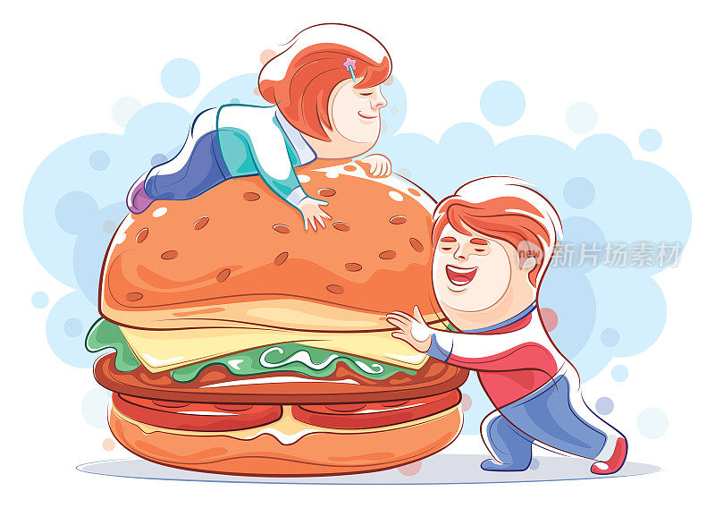 快乐的男孩和女孩拿着大汉堡
