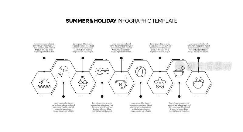 夏季和假日概念矢量线信息图形设计图标。9选项或步骤的介绍，横幅，工作流程布局，流程图等。