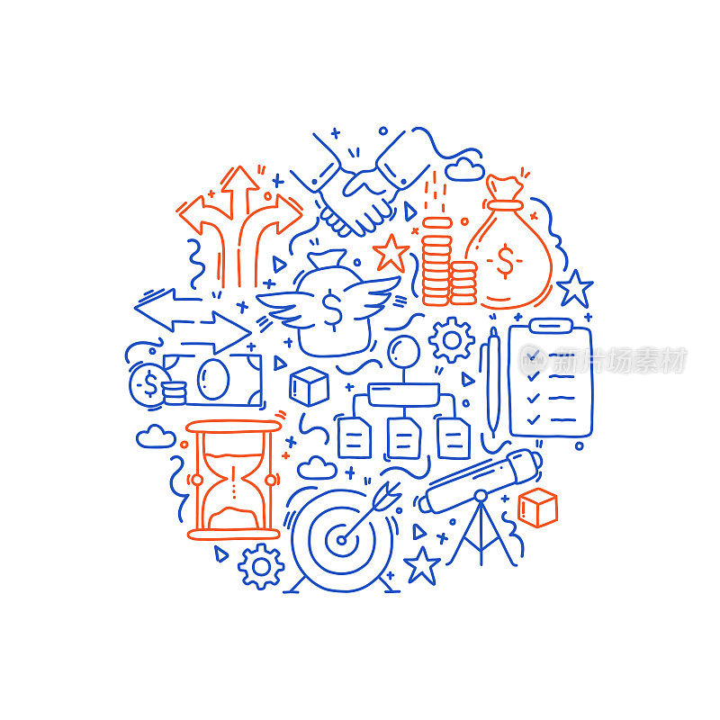 启动相关对象和元素。手绘矢量涂鸦插图集合。手绘图案设计