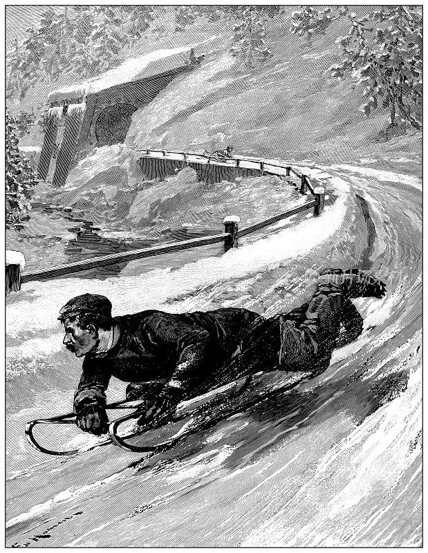 古董插图:无舵雪橇、雪橇、有舵雪橇、达沃斯雪橇比赛