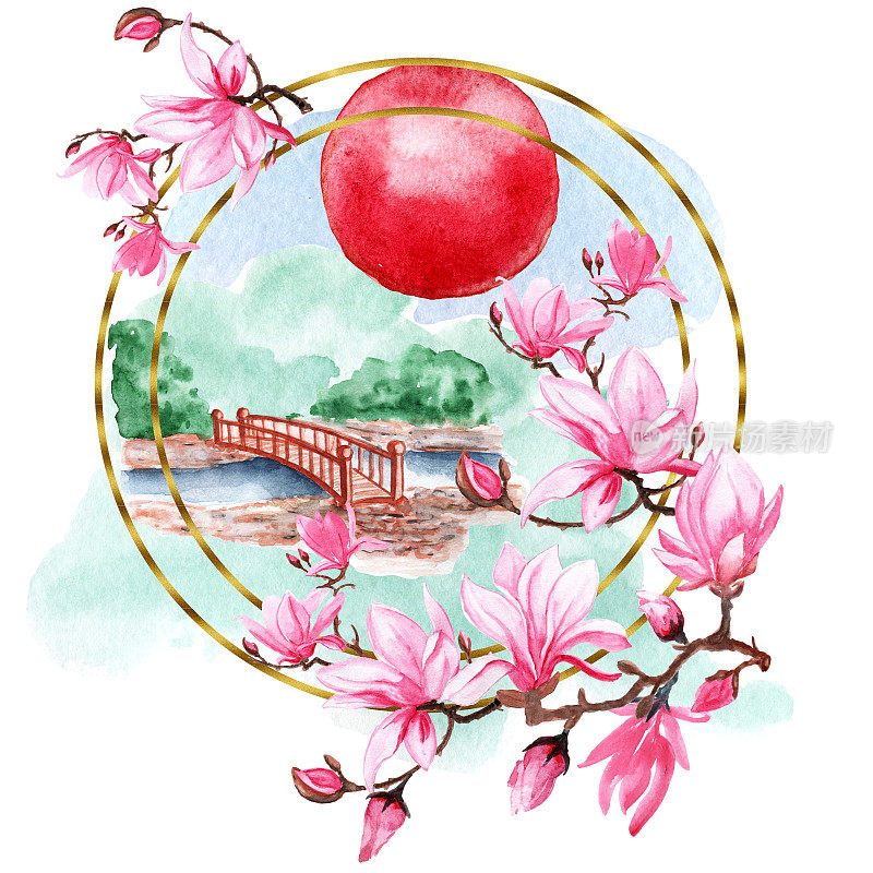 水彩插图。日本樱花园，花园中的凉亭。中国式的景观。