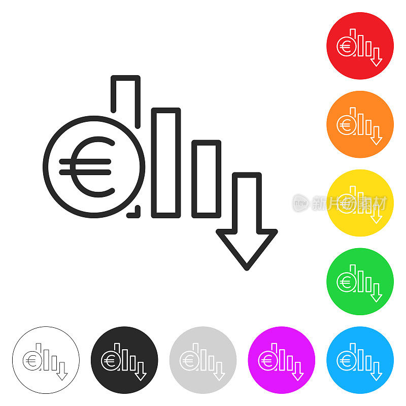 欧元汇率下降。彩色按钮上的图标