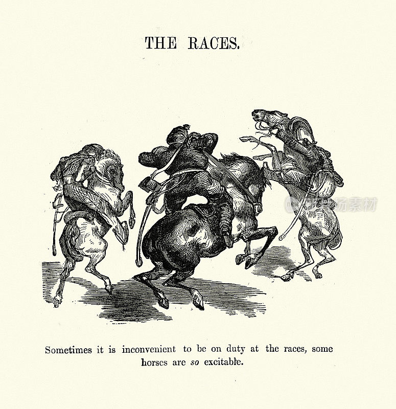 19世纪60年代维多利亚时代,古斯塔夫・多雷画的一幅漫画,描绘的是人们失去对马的控制,受到惊吓